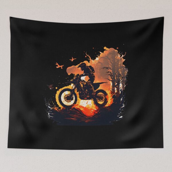 Item preview, Adventure motorcycle with rider driving through flames illustration designed and sold by togetherShirts.