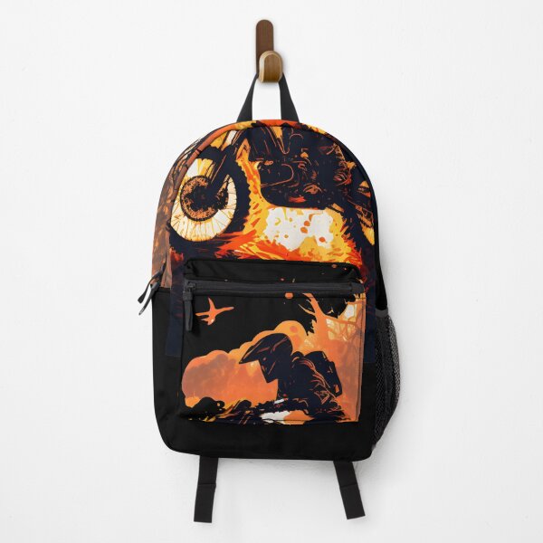 Item preview, Adventure motorcycle with rider driving through flames illustration designed and sold by togetherShirts.