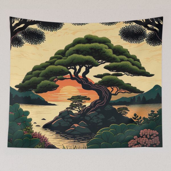 Item preview, Bonsai Tree Sunset - Japanese Ukiyo-e style designed and sold by Sakashi-Canvas.