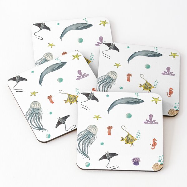Item preview, Whale jellyfish fish coral sea pattern watercolor designed and sold by Yana Mustafina | Boho Soulful Designs.