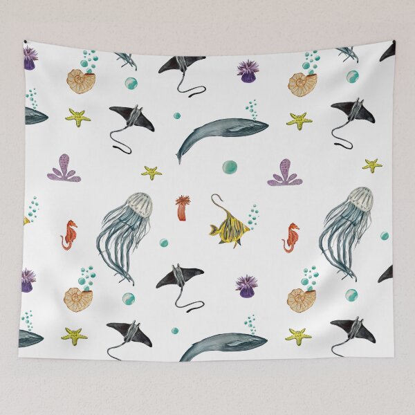 Item preview, Whale jellyfish fish coral sea pattern watercolor designed and sold by Yana Mustafina | Boho Soulful Designs.