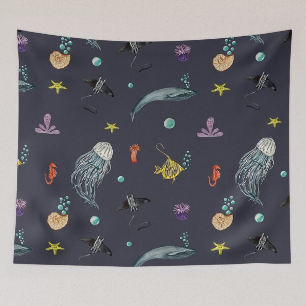 Item preview, Whale jellyfish fish coral sea pattern watercolort violet designed and sold by Yana Mustafina | Boho Soulful Designs.