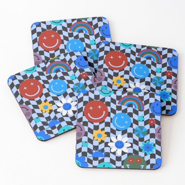 Item preview, Smiley Face Flower Blue Rainbow Checkered Pattern designed and sold by Patternawy.