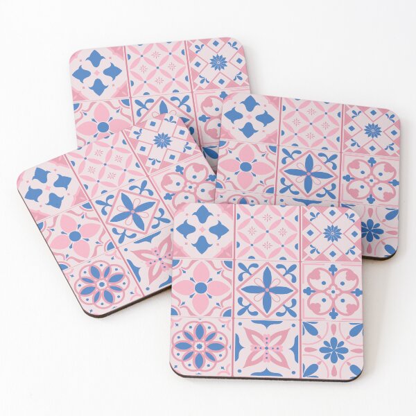Item preview, Moroccan Mediterranean  Tiles Patterns, Floral Botanical Stars Illustration, Blue, Pink  designed and sold by Dazzline Designs.
