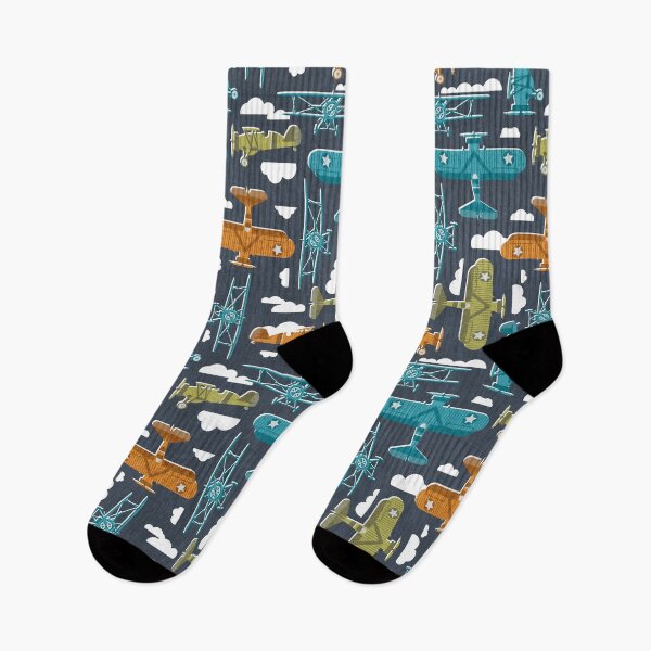 Item preview, Sky is the limit // hale navy background peacock blue split pea green and west side orange vintage airplanes in the clouds designed and sold by SelmaCardoso.