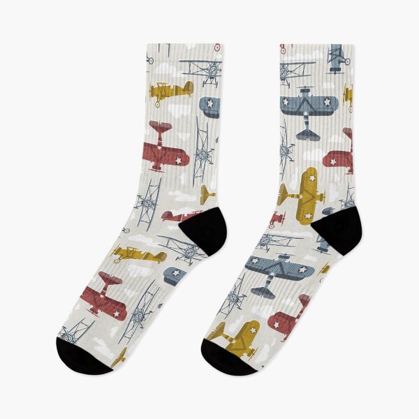 Item preview, Sky is the limit // beige background hale navy bali blue nugget yellow and apple blossom red vintage airplanes in the clouds designed and sold by SelmaCardoso.
