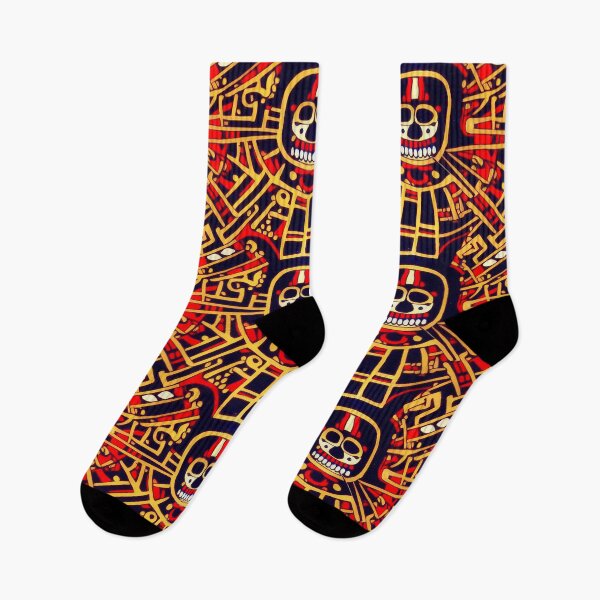Item preview, Lady Of Death Mictēcacihuātl - Aztec / Mexica Style Design in Yellow and Red on Black  designed and sold by Fine Prints.