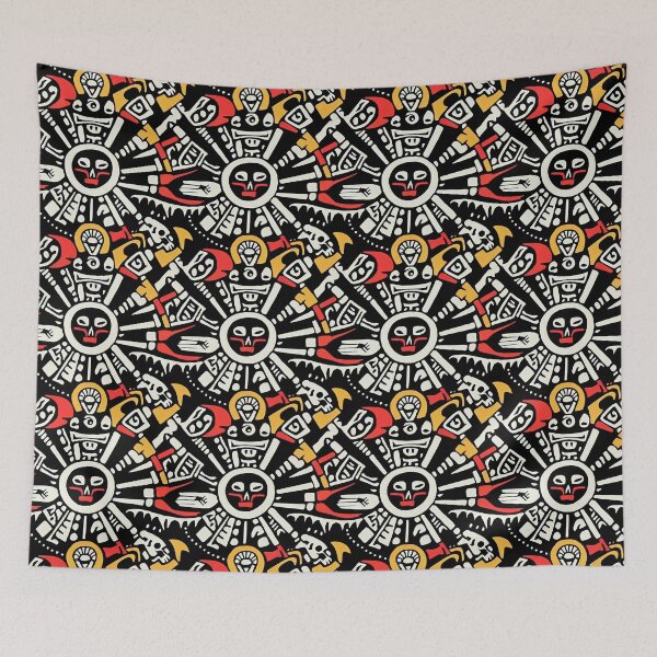 Item preview, Face of Lady Of Death Mictēcacihuātl - Aztec / Mexica Style Design in Yellow and Red on Black  designed and sold by Fine Prints.