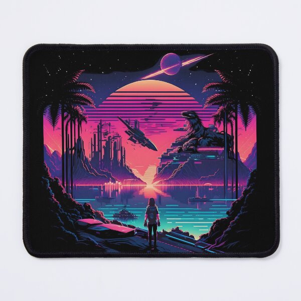 Item preview, Synthwave cyberpunk woman looking at the sunset with mystery creature designed and sold by SJG-digital.