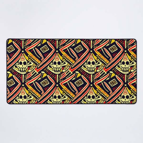 Item preview, Face of Lady Of Death Mictēcacihuātl - Aztec / Mexica Skull Design in Yellow and Red on Black designed and sold by Fine Prints.