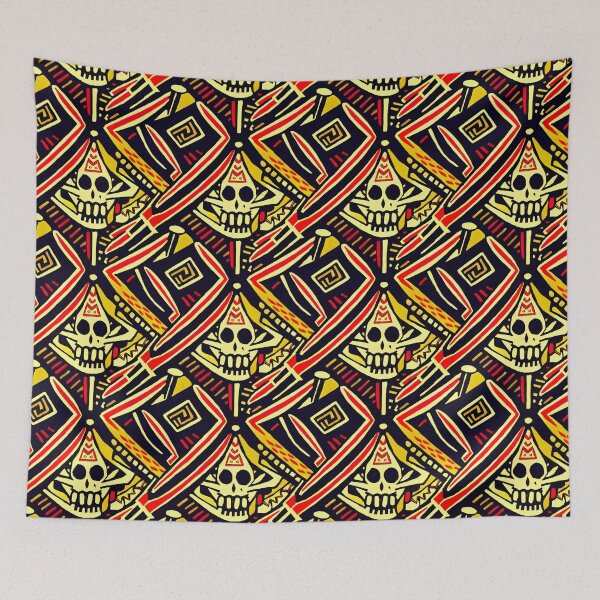 Item preview, Face of Lady Of Death Mictēcacihuātl - Aztec / Mexica Skull Design in Yellow and Red on Black  designed and sold by Fine Prints.