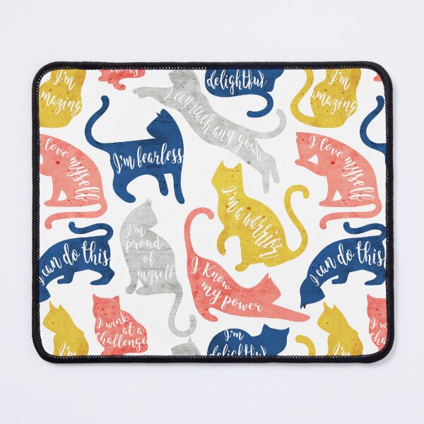 Item preview, Be like a cat // white background blue coral yellow and gray cat silhouettes with affirmations designed and sold by SelmaCardoso.