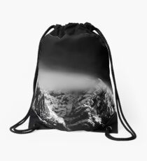 Black and white long exposure of clouds above mountain Drawstring Bag