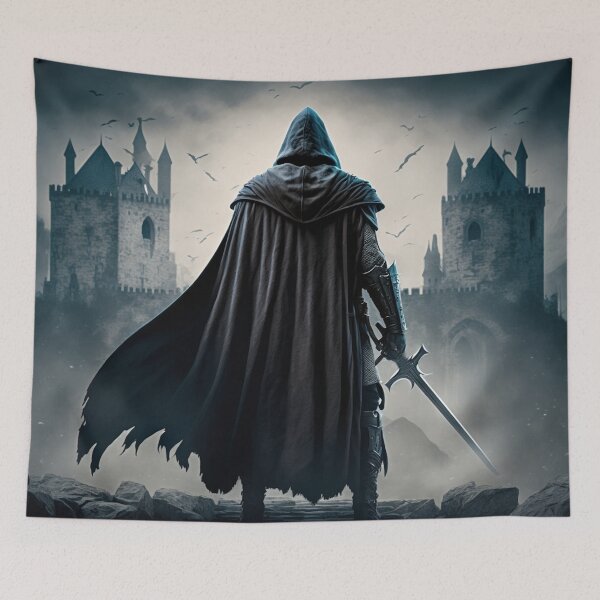 Item preview, Dark Hooded and Cloaked Warrior Strides Towards Towering Castle, Sword in Hand designed and sold by Dragonstrom.