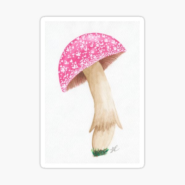 Watercolor Pink Mushroom with Hearts Sticker