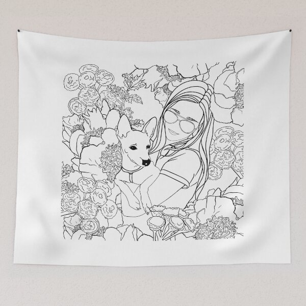 Item preview, A beautiful girl in sunglasses and with a dog in her arms on a background of blossom flowers designed and sold by Anastasiia Yurevych.