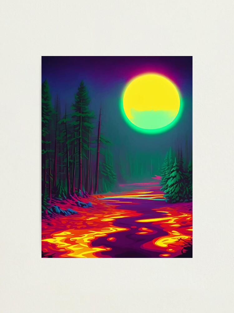 Neon Moon, Color Pop Art Glow Forest, Nature LandscapeAdventure 