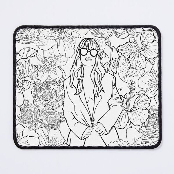 Item preview, Antistress coloring page. A beautiful girl in a jacket and sunglasses is posing. A background of blossom tropical flowers designed and sold by Anastasiia Yurevych.