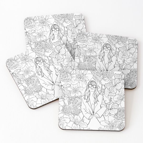 Item preview, Antistress coloring page. A beautiful girl in a jacket and sunglasses is posing. A background of blossom tropical flowers designed and sold by Anastasiia Yurevych.