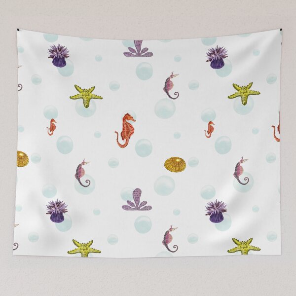 Item preview, Sea horse starfish coral bubble pattern watercolor designed and sold by Yana Mustafina | Boho Soulful Designs.