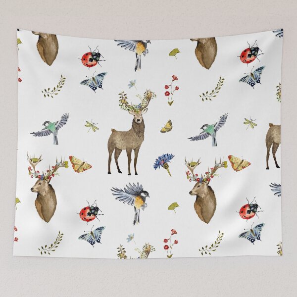 Item preview, Deer bird insect flower lianas pattern watercolor designed and sold by Yana Mustafina | Boho Soulful Designs.