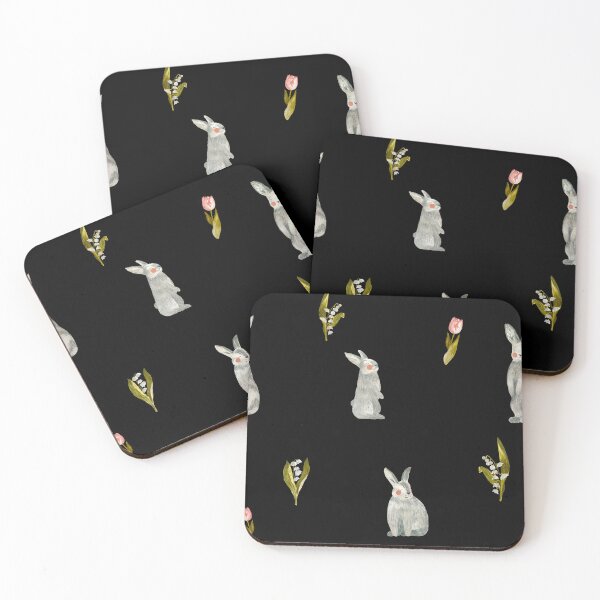 Item preview, Rabbit tulip pink snowdrop pattern a watercolor black designed and sold by Yana Mustafina | Boho Soulful Designs.