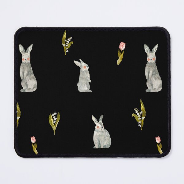 Item preview, Rabbit tulip pink snowdrop pattern a watercolor black designed and sold by Yana Mustafina | Boho Soulful Designs.