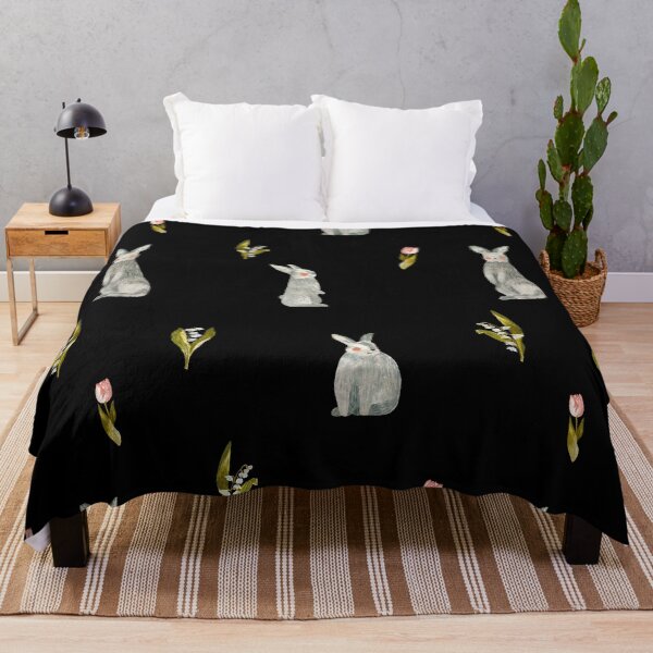 Item preview, Rabbit tulip pink snowdrop pattern a watercolor black designed and sold by Yana Mustafina | Boho Soulful Designs.