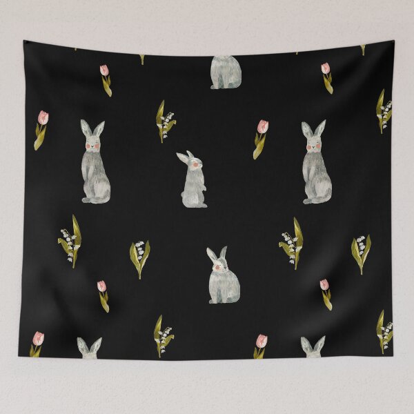 Item preview, Rabbit tulip pink snowdrop pattern a watercolor black designed and sold by Yana Mustafina | Boho Soulful Designs.