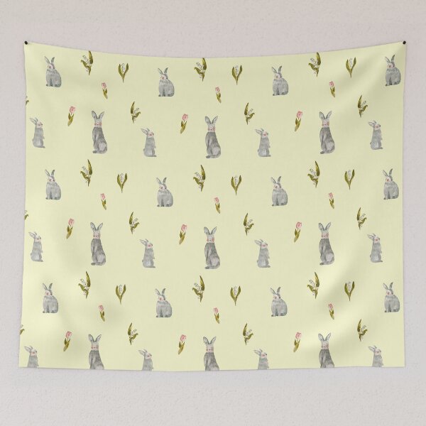 Item preview, Rabbit tulip snowdrop yellow pattern a watercolor  designed and sold by Yana Mustafina | Boho Soulful Designs.