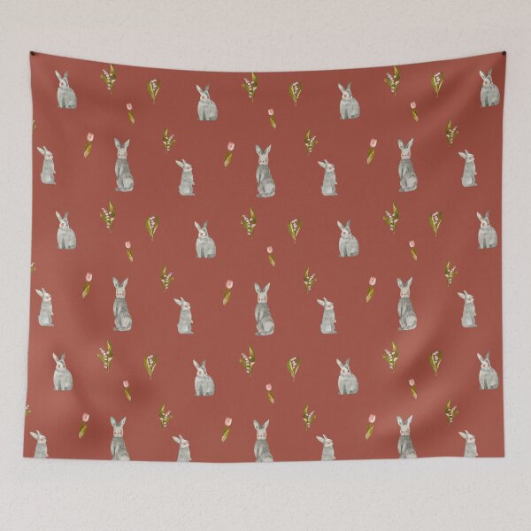 Item preview, Rabbit tulip snowdrop brown pattern a watercolor  designed and sold by Yana Mustafina | Boho Soulful Designs.
