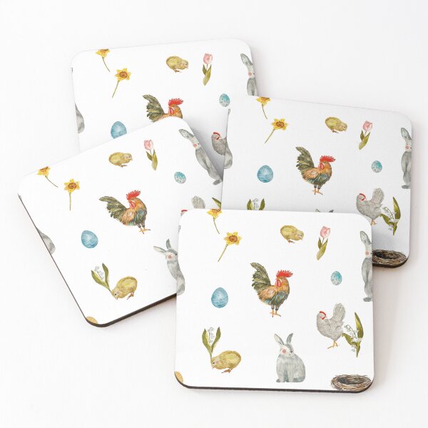 Item preview, Rooster egg rabbit tulip flower pattern watercolor designed and sold by Yana Mustafina | Boho Soulful Designs.