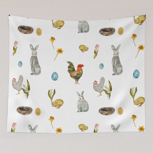 Item preview, Rooster egg rabbit tulip flower pattern watercolor designed and sold by Yana Mustafina | Boho Soulful Designs.
