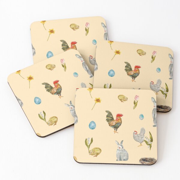 Item preview, Rooster chick egg rabbit beige pattern watercolor beige designed and sold by Yana Mustafina | Boho Soulful Designs.