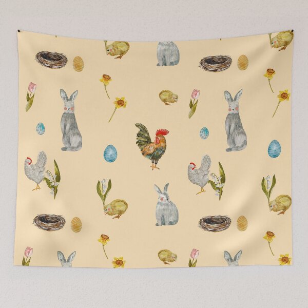 Item preview, Rooster chick egg rabbit beige pattern watercolor beige designed and sold by Yana Mustafina | Boho Soulful Designs.