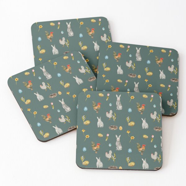 Item preview, Rooster chick egg rabbit blue pattern watercolor designed and sold by Yana Mustafina | Boho Soulful Designs.