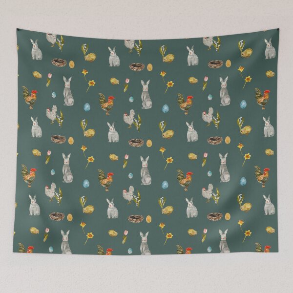 Item preview, Rooster chick egg rabbit blue pattern watercolor designed and sold by Yana Mustafina | Boho Soulful Designs.
