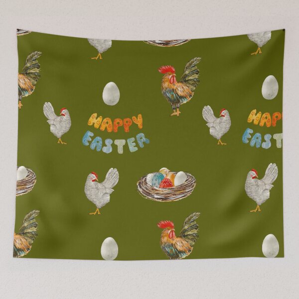 Item preview, Nest rooster chicken egg Easter pattern watercolor green designed and sold by Yana Mustafina | Boho Soulful Designs.