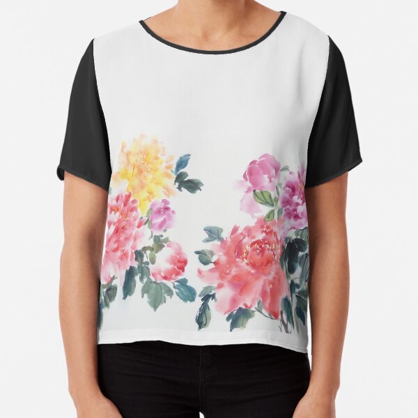 Chinese Painting of Colorful Flowers Chiffon Top