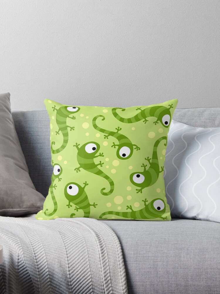 Throw Pillow, Crazy Gecko Green designed and sold by Kameeri