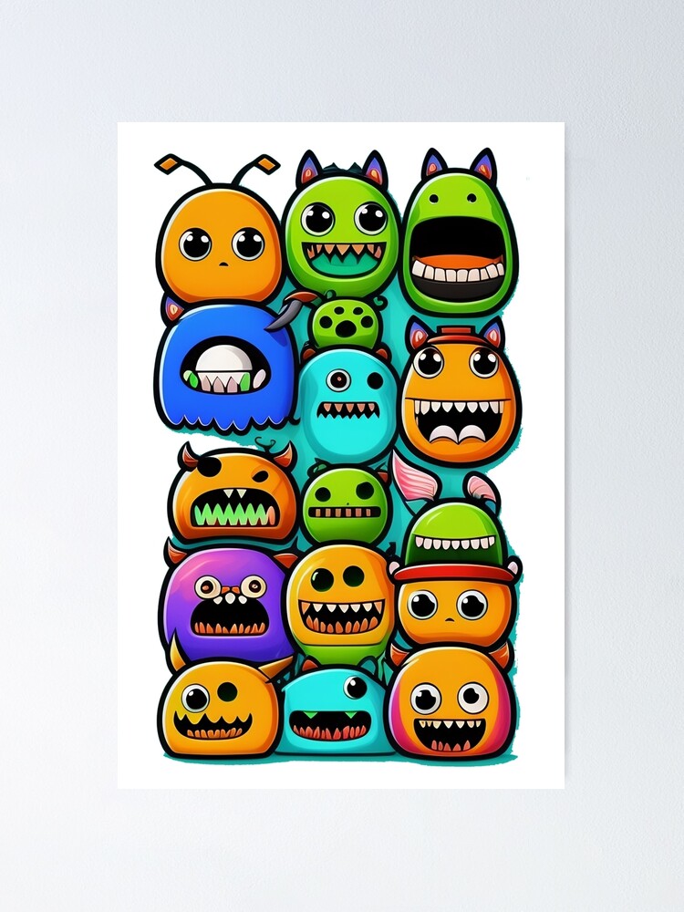 many monsters, doodle art style, Colorful, Funny, Vibrant, Textu