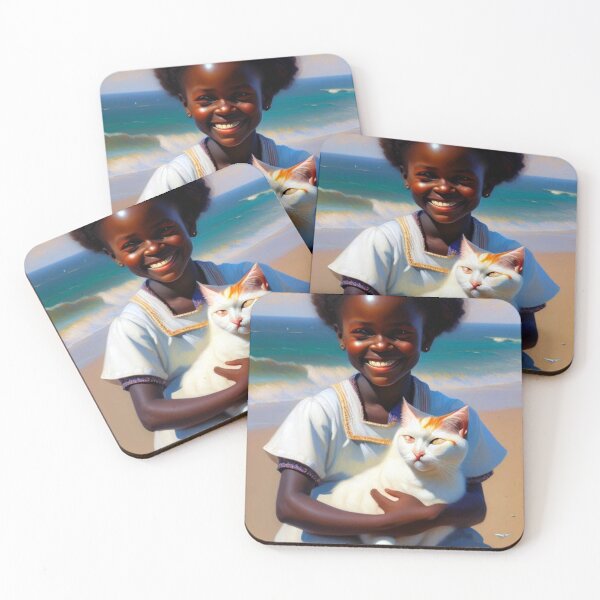 Item preview, African girl with cute white cat designed and sold by Bernsteinhaus.