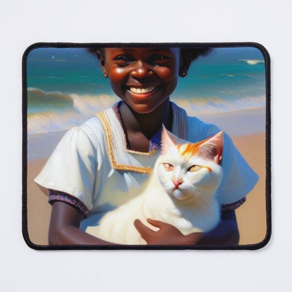 Item preview, African girl with cute white cat designed and sold by Bernsteinhaus.