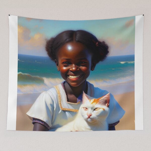 Item preview, African girl with cute white cat designed and sold by Bernsteinhaus.