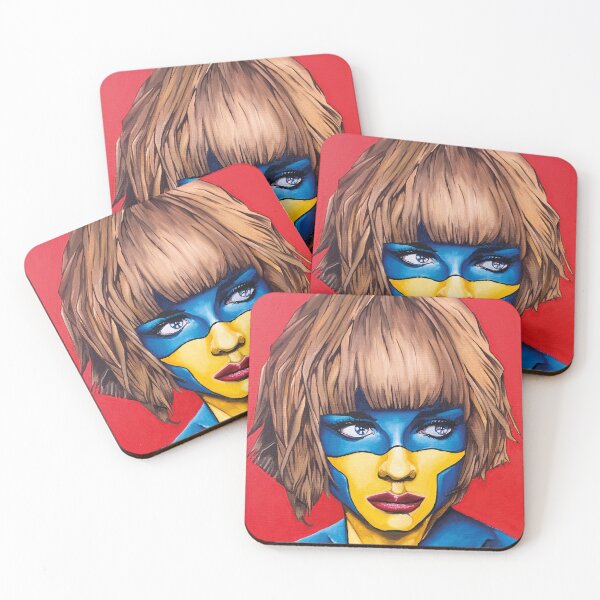 Item preview, Portrait of a young lady in blue and yellow on a red background designed and sold by CanvasCult.