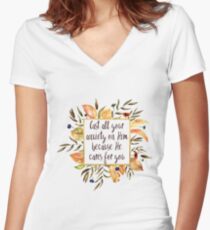 Cast all your Anxiety on Him - Because He Cares for You Women's Fitted V-Neck T-Shirt