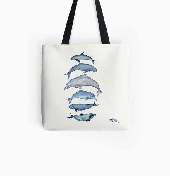 "Rare Cetaceans" by Amber Marine ~ (Copyright 2017) Watercolor dolphins and porpoises, © 2017 - Vaquita, irrawaddy, maui's, humpback, finless, baiji All Over Print Tote Bag
