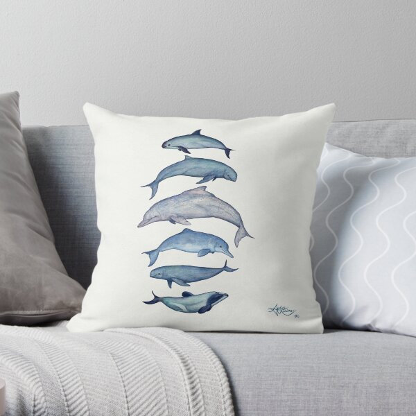 "Rare Cetaceans" by Amber Marine ~ (Copyright 2017) Watercolor dolphins and porpoises, © 2017 - Vaquita, irrawaddy, maui's, humpback, finless, baiji Throw Pillow