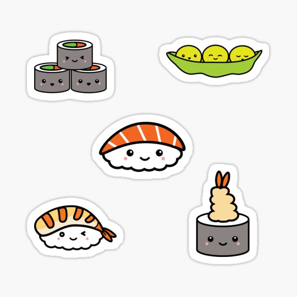 Những món sushi đầy màu sắc, hấp dẫn sẽ được tái hiện với những chiếc sticker dễ thương này. Hãy xem và trầm trồ với những hình ảnh của con cá hồi, tôm hoặc trứng cá muối trên những chiếc sushi.