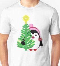 Cheerful holiday penguins on a blue background with holiday beads and snowflakes Unisex T-Shirt